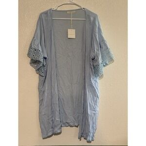 light blue boho crochet eyelet open-front long cardigan beach cover-up One Size